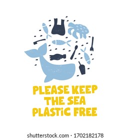 Pancarta concepto de contaminación plástica. Ilustraciones vectoriales aisladas de problemas ambientales. Ahorra la idea de la impresión de mar a pantalones. Botella de plástico, basura, peces para nadar, ballena y camisón de tortuga