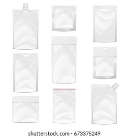 Plastic Polyethylene Pocket Bag Set Vector Blank. Realistic Mock Up Template Of Plastic Pocket Bag With Zipper, Zip lock. Clean Hang Slot, Pouch Packaging. Isolated Illustration