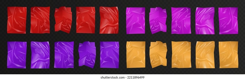 Plastic polyethylene set vector illustration. 3d realistic yellow, red and purple wrinkled film material for packages and bags with glossy effect and silk texture, shiny wrapper and silky drapery