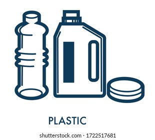 Frasco de póster de plástico con tapa y capacidad para bebidas. Vista Esquema de los contenedores de polímeros en color azul. Contorsión de símbolo transparente para aislamiento líquido sobre blanco. Placa con vector de icono embotellado