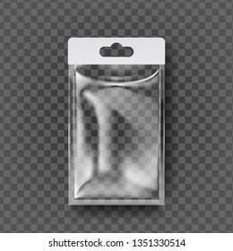 Plastic Pouch Bag Vector. Transparent Pocket Wrap With Hang. Empty Product Polyethylene Mock Up Template. Nylon Doy Pack Branding Design Package Illustration