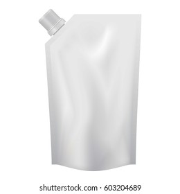 Plastic pouch with batcher mockup. Realistic illustration of plastic pouch with batcher vector mockup for web