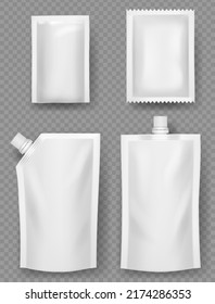 Plastic pouches. Containers white mockup templates of plastic packages for liquid canned food mayonez ketchup decent vector illustrations