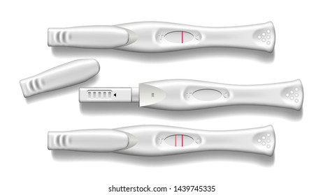 Plastic Pregnancy Test With Blue Cap Set Vector. Device For Conduct Response To Presence Of Hormonal Markers Of Pregnancy In Urine. Positive Negative Result Red Lines. Realistic 3d Illustration