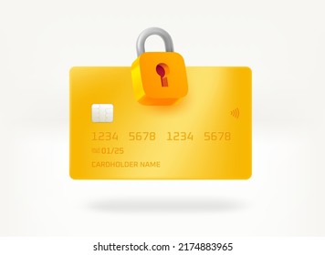 Plastic premium banking card with golden lock. 3d vector illustration
