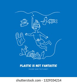 Plastic problems in the ocean. The boy dives into the polluted ocean. Save the sea and the ocean for future generations. Save nature. Recycling waste problems. Vector ecology concept illustration.
