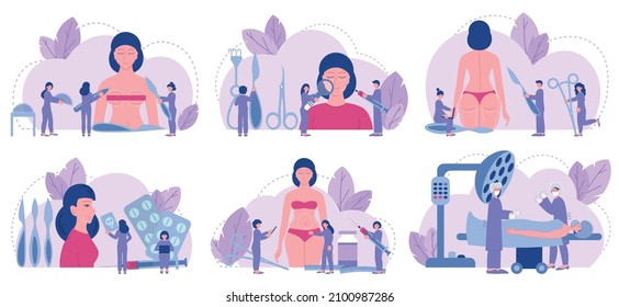 Plastic procedure set of flat isolated compositions with female bodies and characters of working medical specialists vector illustration