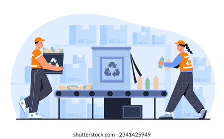 Plastic processing concept. Man and woman near conveyor belt. Zero waste and sustainable lifestyle. Reuse and recycle. Caring for nature and environment. Cartoon flat vector illustration