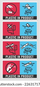 Plastic In Product. Cups for beverages.  Wet wipes. Tampon. Cigarette. Pictograms on single-use products.