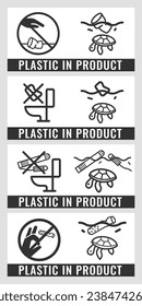 Plastic In Product. Cups for beverages. Wet wipes. Tampon. Cigarette. Pictogram on single-use products.
