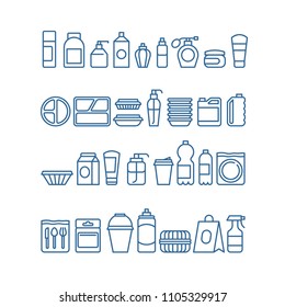 Plastic Product Package, Disposable Tableware, Food Containers, Cups And Plates Line Vector Icons. Plate And Cup, Container Plastic Illustration