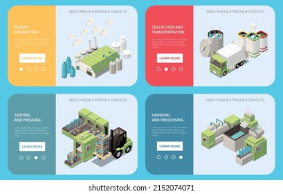 Plastic production and recycling web banners set with processing plant garbage truck sorting pressing and grinding 3d isolated vector illustration