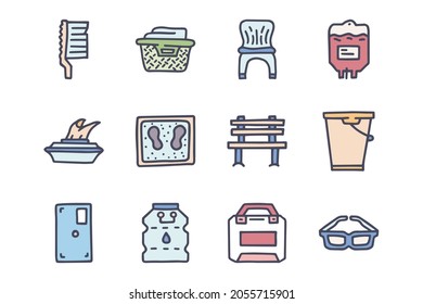 Colores de productos plásticos de doodle vectorial conjunto de iconos simple