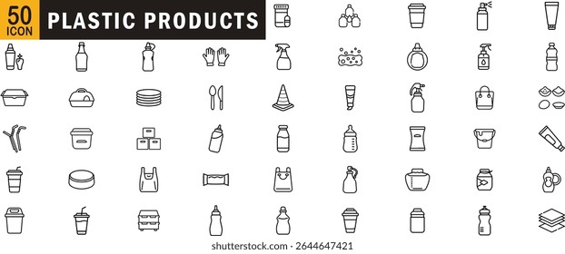 Plastic products editable outline icon set. Packaging bottle container straw bag utensil single-use item plasticware.
