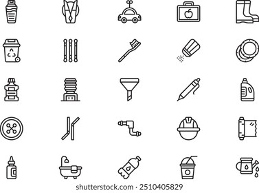 A coleção de ícones de produtos plásticos é uma ilustração vetorial com traçado editável.