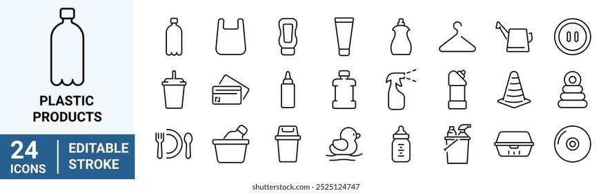 Productos plásticos. Colección de iconos lineales. Trazo editable. Ilustración vectorial