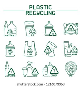 Plastic products with markings. Linear icons set.