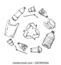 Plastic products recycling. Hand drawn doodle plastic pollution icons set. Vector illustration sketchy symbols collection. Bag, Bottle, Package, Contamination, disposable dish, straw