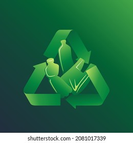  Plastic products recycling - Zero waste green trash can with reusable garbage. Isolated vector icon