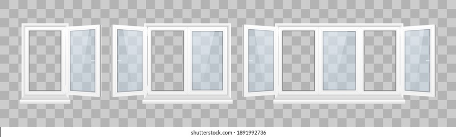  Plastic products. Rollerball blind. Set of closed window with transparent glass in a white frame. Set of pvc realistic windows and metal roller blind on a transparent background. Vector illustration.