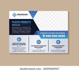 Plastic products services free products banner template with space for photo. silver gradient background with blue and white elements. horizontal layout design with infographic.