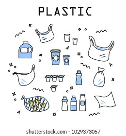 Plastic products set of isolated elements, plastic garbage that is to be recycled