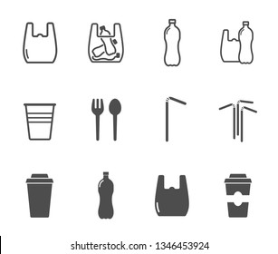 plastic products vector icon set. plastic bag, bottle, cup and straws outline and silhouette black icons