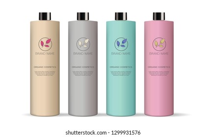 Plastic professional cosmetic bottle set with blank label. For lotion, body milk, shampoo. 
Photorealistic packaging mockup template. Vector 3d illustration.