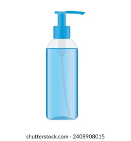 Plastic pump bottle with a blue liquid inside. Dispenser bottle with cosmetic product like cleansing gel. Vector illustration