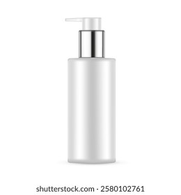 Plastic Pump Bottle Mockup With Metal Cap, Front View, Isolated On White Background. Vector Illustration