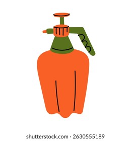 Plastic pump sprayer, insulated bright orange, green illustration. An item for watering crops. Gardening tools. Suitable ecology, garden, cleaning, household, packaging design, infographic materials