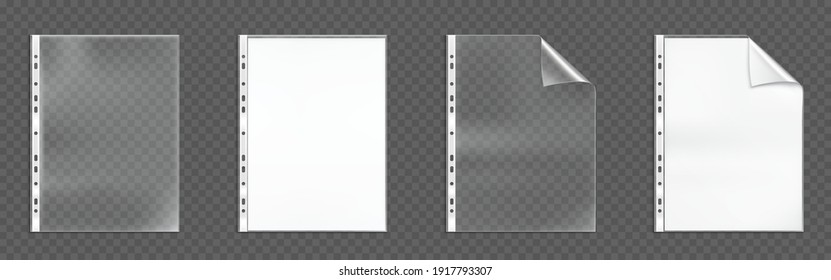 Plastic punched pockets, empty folders with folded corner and holes, bags with white blank sheets isolated on transparent background. Waterproof envelope for documents, Realistic 3d vector mock up set svg