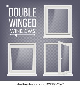 Plastic PVC Window Vector. Double-Winged. Opened And Closed. Front View. Home Window Design Element. Isolated On Transparent Background Realistic Illustration
