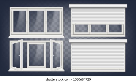 Plastic PVC Window Vector. Roller Blind. Opened And Closed. Front View. Home Window Design Element. Isolated On Transparent Background Realistic Illustration
