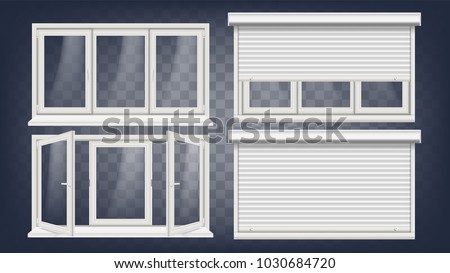 Plastic PVC Window Vector. Roller Blind. Opened And Closed. Front View. Home Window Design Element. Isolated On Transparent Background Realistic Illustration
