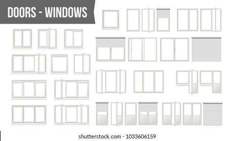 Plastic PVC Windows Doors Set Vector. Different Types. Roller Blind Shutters. Opened And Closed. Front View. Home Design Element. Isolated On White Background Realistic Illustration