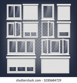 Plastic PVC Windows Set Vector. Different Types. Roller Blind. Opened And Closed. Front View. Home Window Design Element. Isolated On Transparent Background Realistic Illustration
