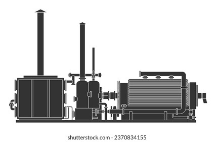 Plastic Pyrolysis plant - recycling system for materials utilization. Flat monochrome illustration