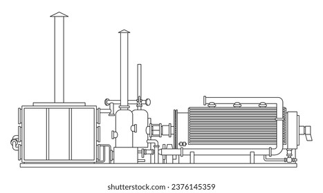 Planta de pirólisis plástica - sistema de reciclado para la utilización de materiales. ilustración en línea delgada