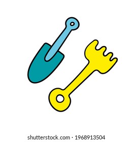 Plastic rake and shovel isolated on white. Rake and scoop toys for choldren sandbox and playground. Vector illustration in flat doodle style. Vector illustration