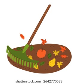 Plastic rakes rake fallen autumn leaves with apples and pears. Gardening tools. Flat color illustration. Suitable for gardening, site maintenance, weed control, agricultural machinery and manual labor