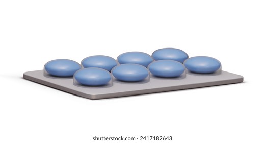 Plastic realistic blister with round blue pills on white background. Painkiller, antibiotics pharmacy concept. Medicine concept. Vector illustration in 3d style