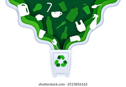 Anuncio de reciclaje de plástico con papelera de basura cortada de papel o bote de basura, concepto de ecología de Vector. Medio ambiente verde y reciclaje de residuos de basura plástica en papel cortado para paquete eco biodegradable