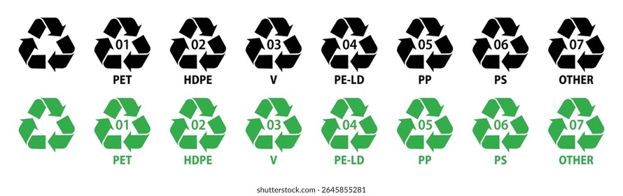 Ícone plástico reciclável conjunto de ícones com rótulos de nomes em preto verde vetor de cor reutilizar sinal grosso mobius loop símbolo. 1 a 7, PET, HDPE, PVC, PP, PS, outros tipos. Vetor
