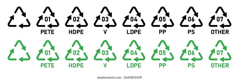 Ícone plástico reciclável conjunto de ícone com rótulo de nome em preto verde vetor de cor sinal de reutilização para uso industrial. 1 a 7, PET, HDPE, PVC, PP, PS, outros tipos.