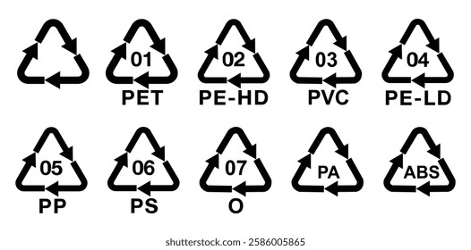  plastic recycle code, plastic recycle symbol, plastic recycle symbol in black color, hdpe, pet, pvc, pp, ps, others, ABS, PA Plastic recycling codes 1-7. recycle, vector, symbol.