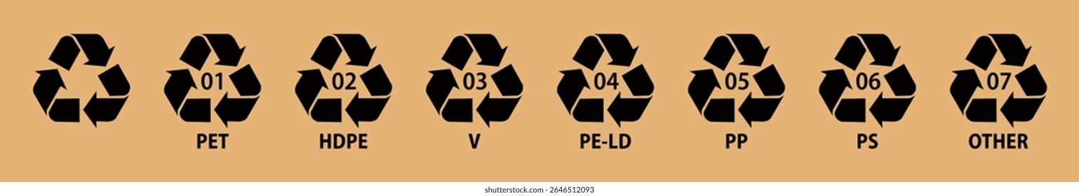 Plastic recycle codes icon set with name label vector reuse sign for box packaging and industrial use. 1 to 7, PET, HDPE, PVC, PP, PS, other types. Black recycle symbols, plastic icon set, eco label.