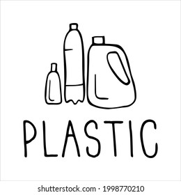 Kunststoffrecyceln handgezeichnet Schild auf weiß. Minimalistische Zeichnung und Schrift.