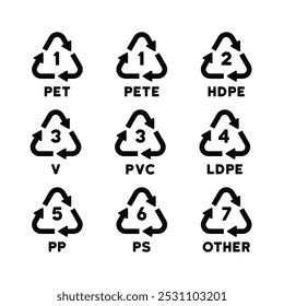 Conjunto de iconos de letrero de reciclaje de plástico. Ilustración vectorial