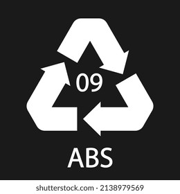 Símbolo de reciclado de plástico icono vector ABS 9. Código de reciclado de plástico ABS 09.